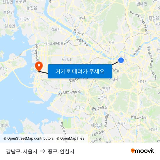 강남구, 서울시 to 중구, 인천시 map