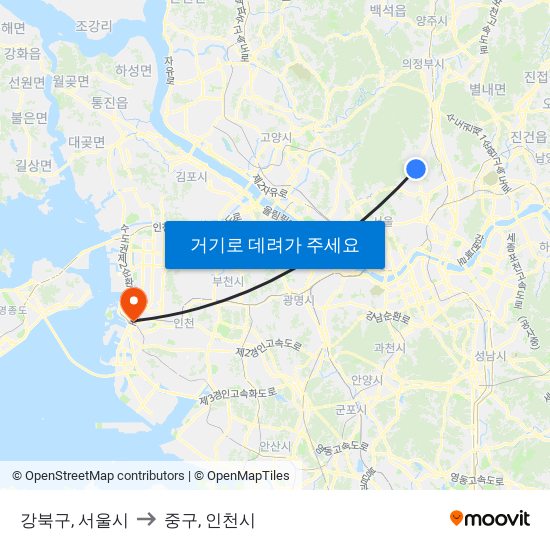 강북구, 서울시 to 중구, 인천시 map