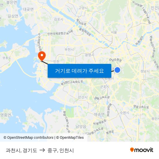 과천시, 경기도 to 중구, 인천시 map