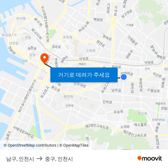 남구, 인천시 to 중구, 인천시 map