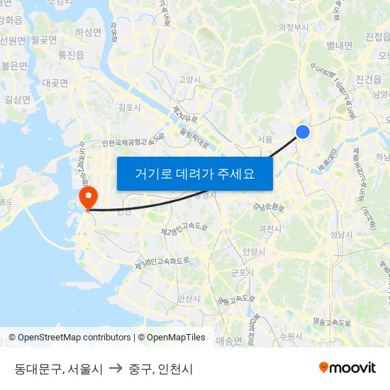 동대문구, 서울시 to 중구, 인천시 map