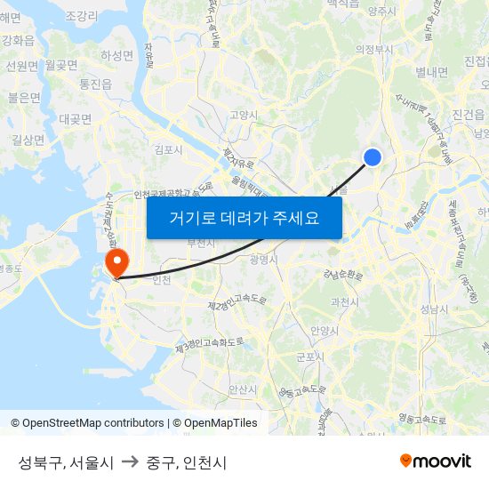 성북구, 서울시 to 중구, 인천시 map