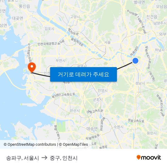 송파구, 서울시 to 중구, 인천시 map
