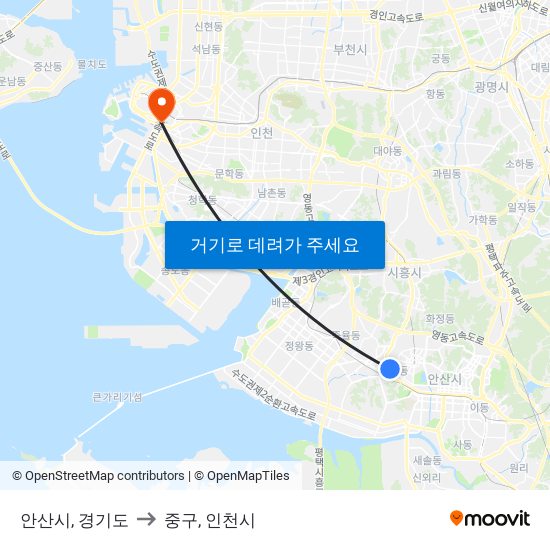 안산시, 경기도 to 중구, 인천시 map