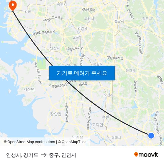 안성시, 경기도 to 중구, 인천시 map