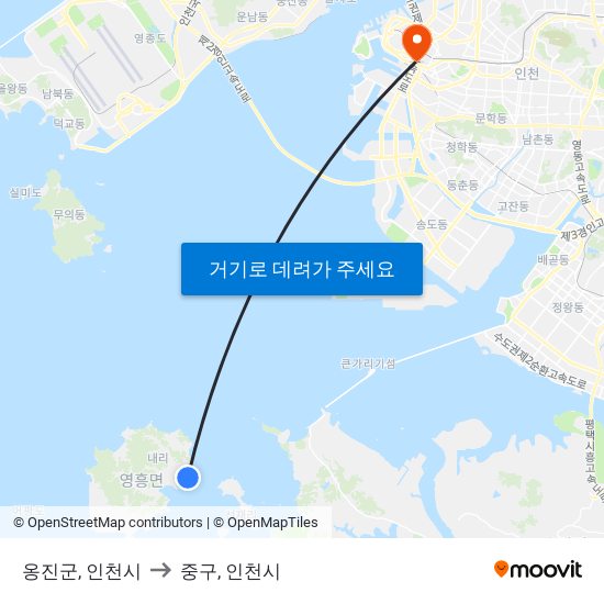 옹진군, 인천시 to 중구, 인천시 map