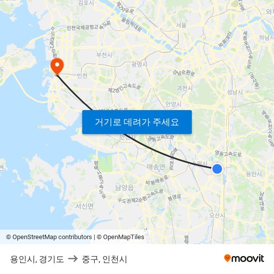 용인시, 경기도 to 중구, 인천시 map