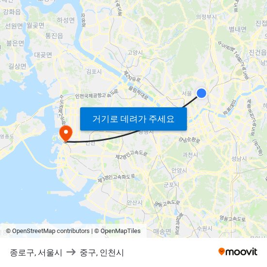 종로구, 서울시 to 중구, 인천시 map