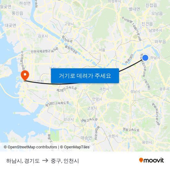 하남시, 경기도 to 중구, 인천시 map