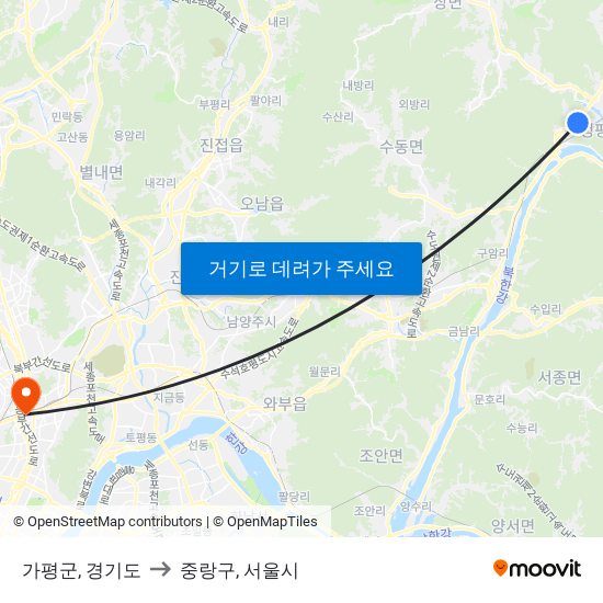 가평군, 경기도 to 중랑구, 서울시 map