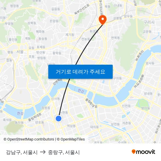 강남구, 서울시 to 중랑구, 서울시 map