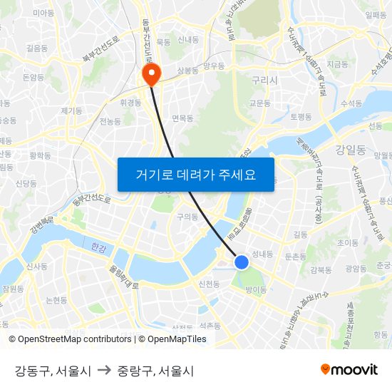 강동구, 서울시 to 중랑구, 서울시 map