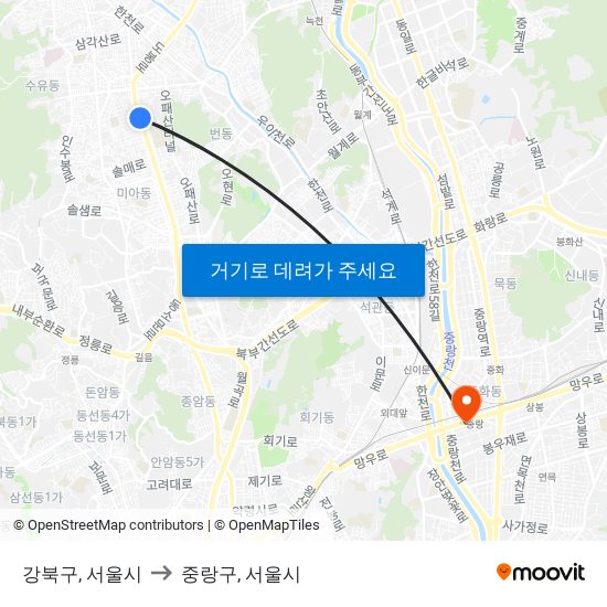 강북구, 서울시 to 중랑구, 서울시 map