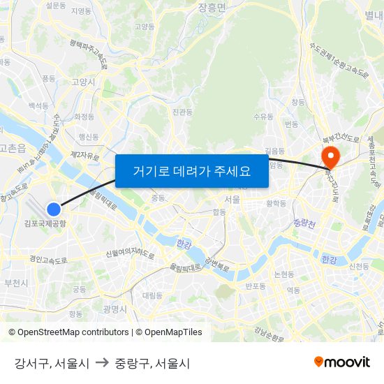 강서구, 서울시 to 중랑구, 서울시 map