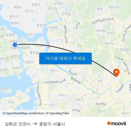 강화군, 인천시 to 중랑구, 서울시 map