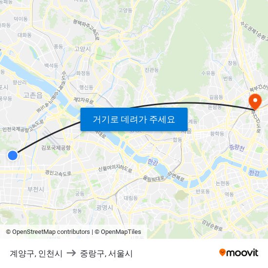 계양구, 인천시 to 중랑구, 서울시 map