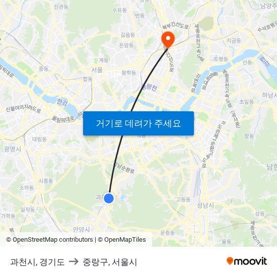 과천시, 경기도 to 중랑구, 서울시 map