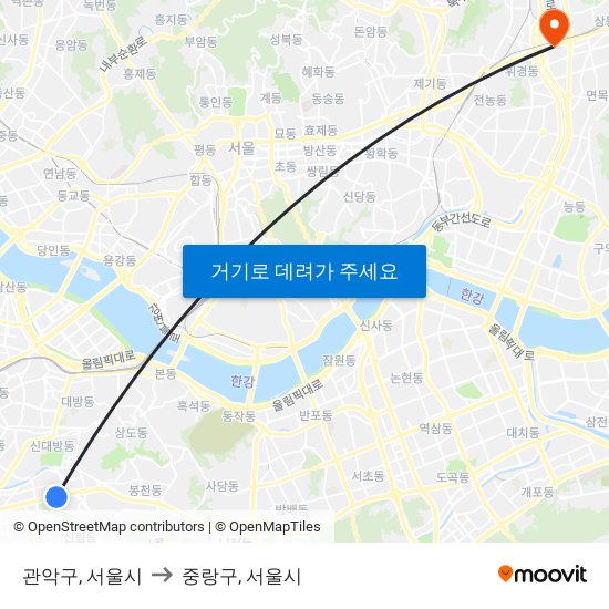 관악구, 서울시 to 중랑구, 서울시 map