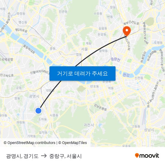광명시, 경기도 to 중랑구, 서울시 map
