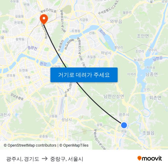 광주시, 경기도 to 중랑구, 서울시 map