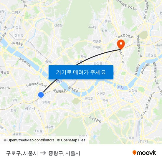 구로구, 서울시 to 중랑구, 서울시 map