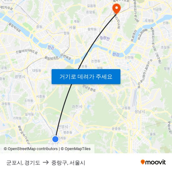 군포시, 경기도 to 중랑구, 서울시 map