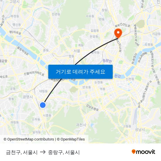 금천구, 서울시 to 중랑구, 서울시 map