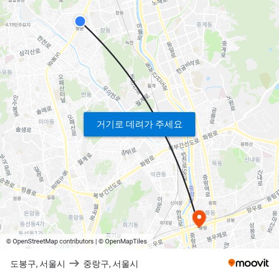 도봉구, 서울시 to 중랑구, 서울시 map