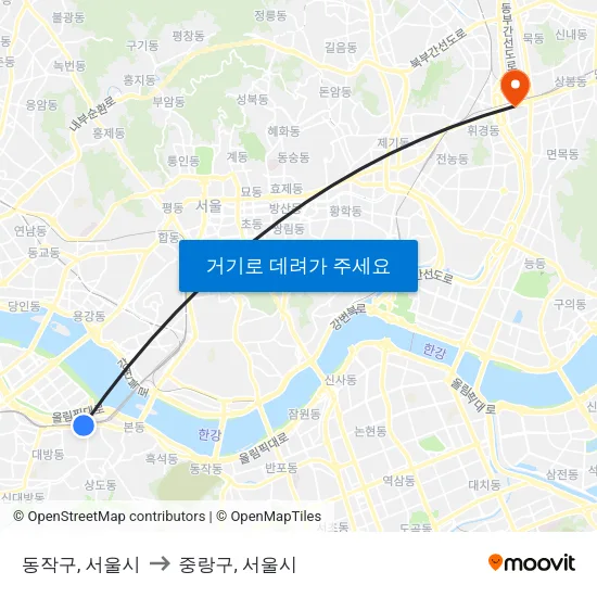 동작구, 서울시 to 중랑구, 서울시 map