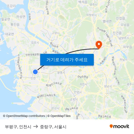 부평구, 인천시 to 중랑구, 서울시 map