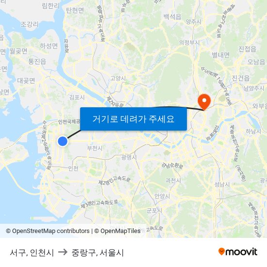 서구, 인천시 to 중랑구, 서울시 map