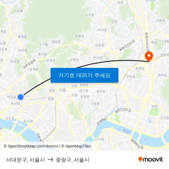 서대문구, 서울시 to 중랑구, 서울시 map