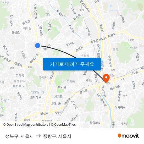 성북구, 서울시 to 중랑구, 서울시 map