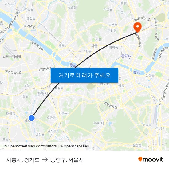 시흥시, 경기도 to 중랑구, 서울시 map