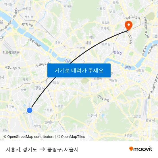 시흥시, 경기도 to 중랑구, 서울시 map
