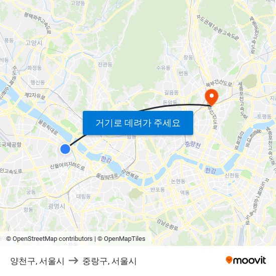 양천구, 서울시 to 중랑구, 서울시 map