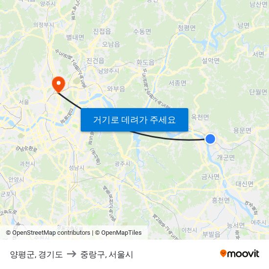 양평군, 경기도 to 중랑구, 서울시 map