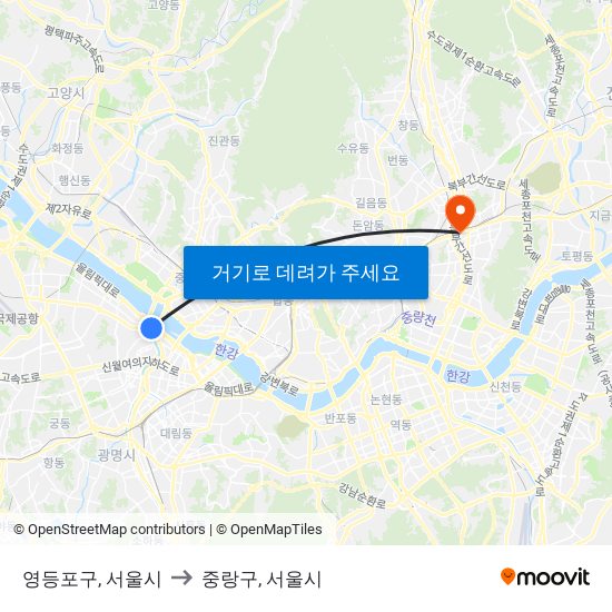 영등포구, 서울시 to 중랑구, 서울시 map