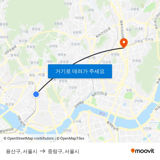 용산구, 서울시 to 중랑구, 서울시 map