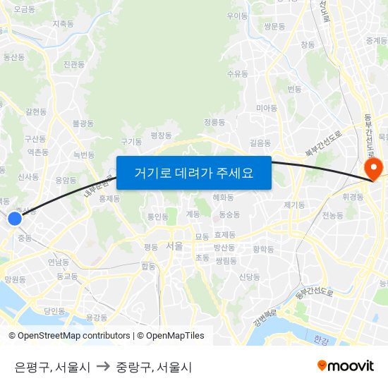 은평구, 서울시 to 중랑구, 서울시 map