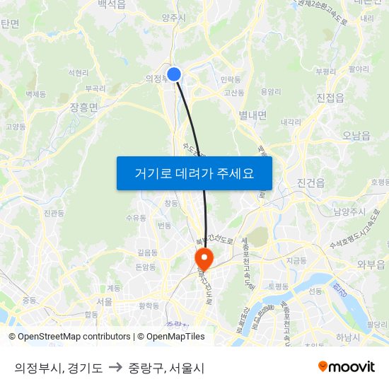 의정부시, 경기도 to 중랑구, 서울시 map