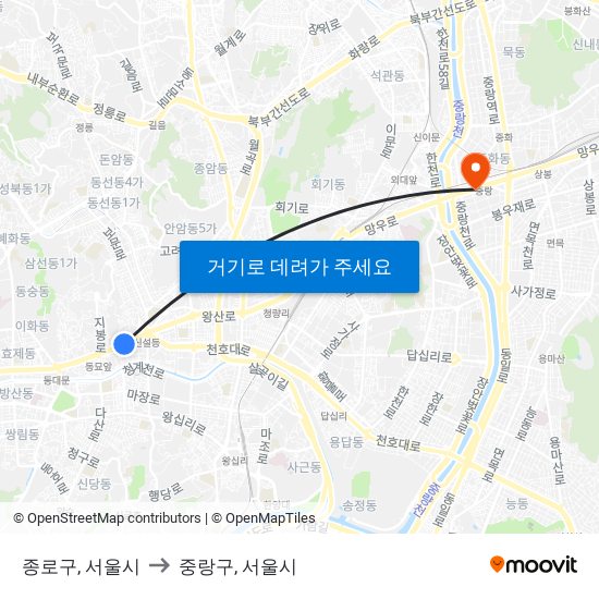 종로구, 서울시 to 중랑구, 서울시 map