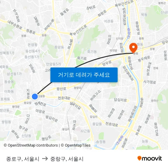 종로구, 서울시 to 중랑구, 서울시 map