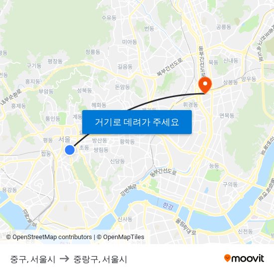 중구, 서울시 to 중랑구, 서울시 map