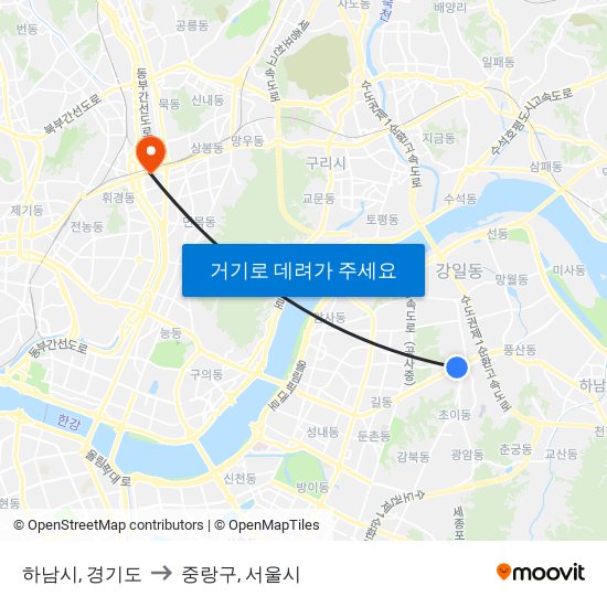 하남시, 경기도 to 중랑구, 서울시 map