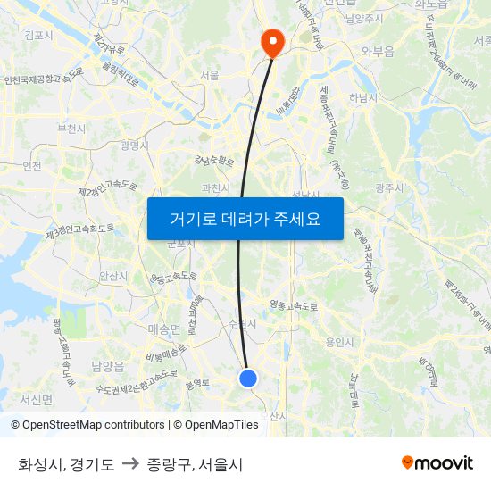 화성시, 경기도 to 중랑구, 서울시 map