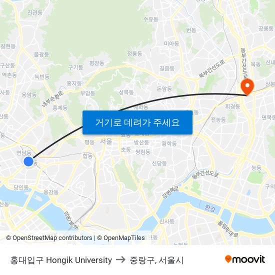 홍대입구 Hongik University to 중랑구, 서울시 map