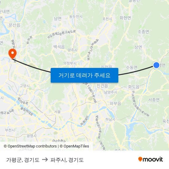 가평군, 경기도 to 파주시, 경기도 map