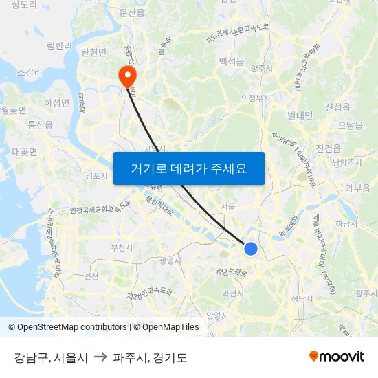 강남구, 서울시 to 파주시, 경기도 map