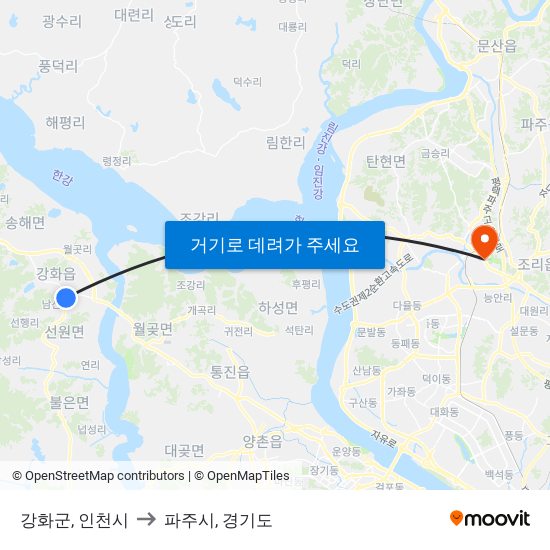 강화군, 인천시 to 파주시, 경기도 map